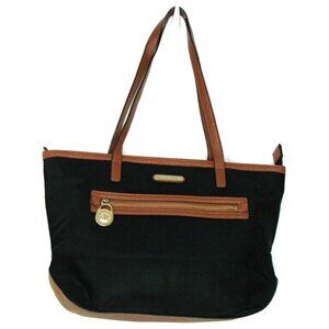 Michael Kors Black Nylon Tote Shoulder Bag Brown Trim Faux Leather Edging Purse
